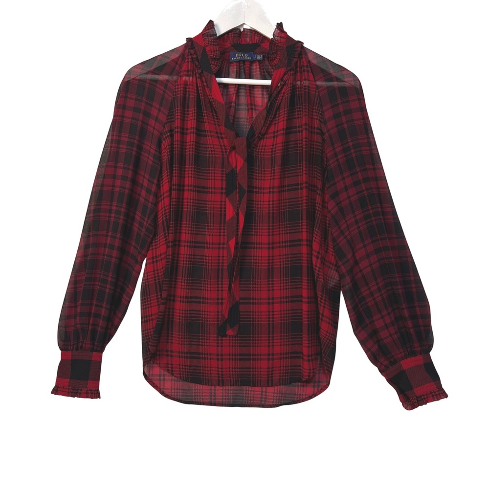 Polo Ralph Lauren Red Plaid Blouse Women S Sheer Tie Neck Ruffle Button Cuff